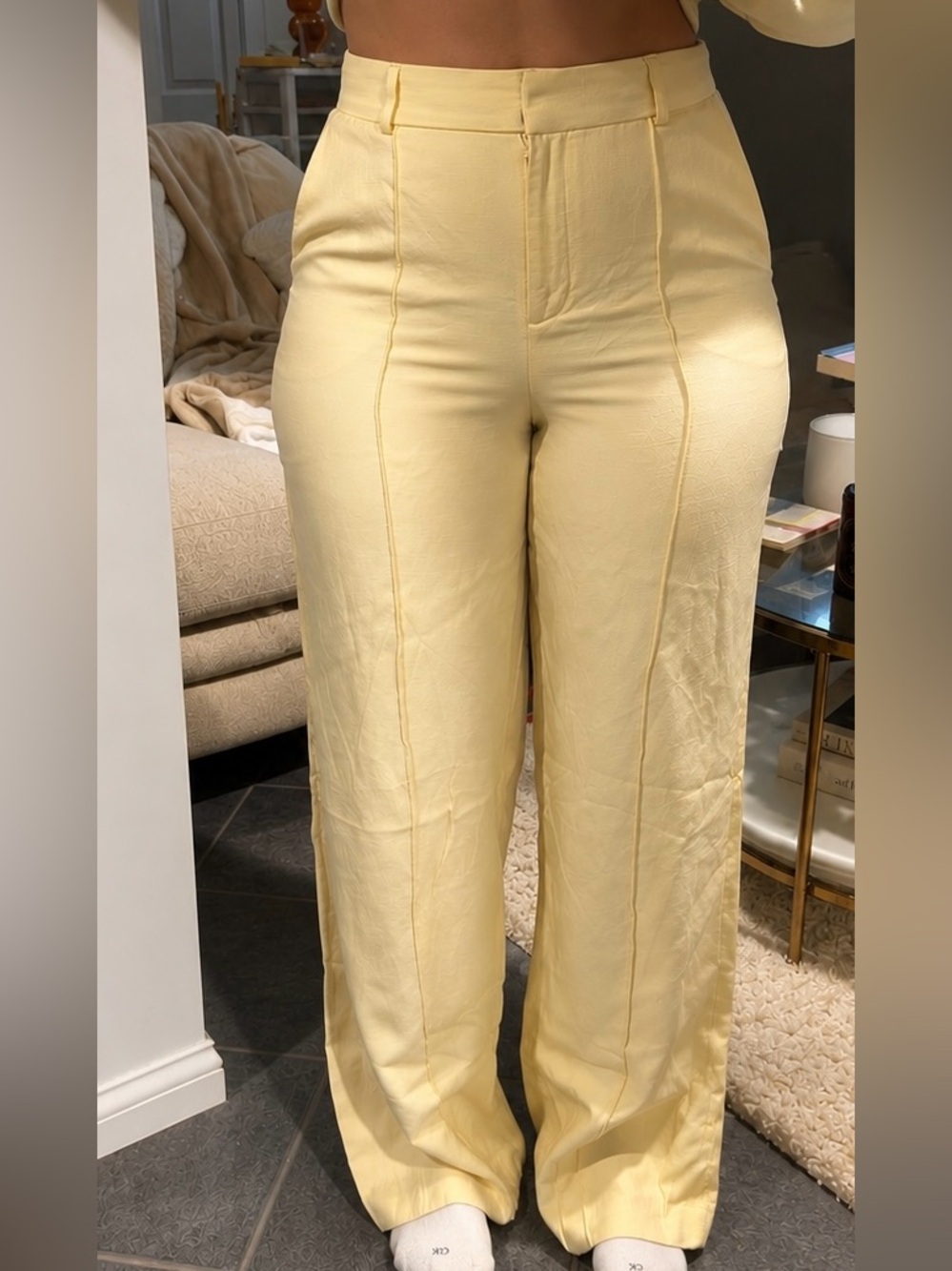 Express High-Rise Wide-Leg Pants in Pale Yellow